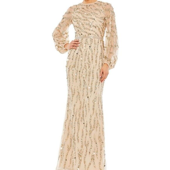 NWT MAC DUGGAL TRUMPET PUFF‎ SLEEVED HIGH NECK EMBELLISHED GOWN GOLD 93789 - Picture 1 of 4